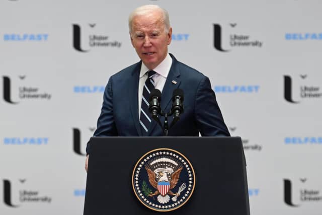 President Joe Biden is pictured at Ulster University in Belfast on Wednesday.