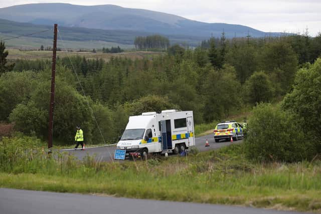 Police in Galloway Forest in Dumfries and Galloway where the remains of Emma Faulds were found.