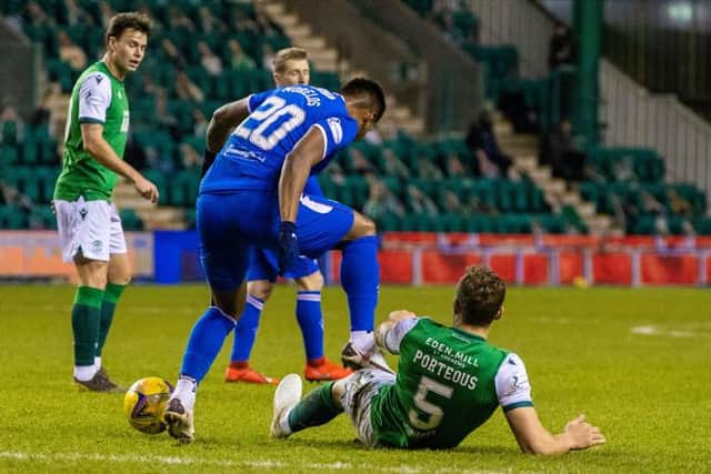 Rangers' Alfredo Morelos appears to stand on Hibernian's Ryan Porteous during a Scottish Premiership match between Hibernian and Rangers at Easter Road, on January 27, 2021, in Edinburgh, Scotland (Photo by Craig Williamson / SNS Group)