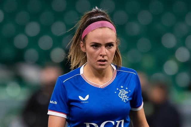 GLASGOW, SCOTLAND - APRIL 21: Kirsten Reilly in action for Rangers during a SWPL match  between Celtic and Rangers at Celtic Park, on April 21, 2021, in Glasgow, Scotland. (Photo by Craig Foy / SNS Group)