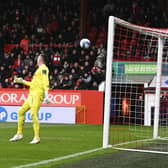 Bojan Miovski headed past Allan McGrgeor to put Aberdeen 2-0 ahead against Rangers. (Photo by Rob Casey / SNS Group)