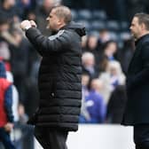 Celtic manager Ange Postecoglou shows his elation at full-time of the Scottish Cup semi-final on Sunday as  Rangers counterpart Michael Beale looks on disconsolate. (Photo by Craig Williamson / SNS Group)