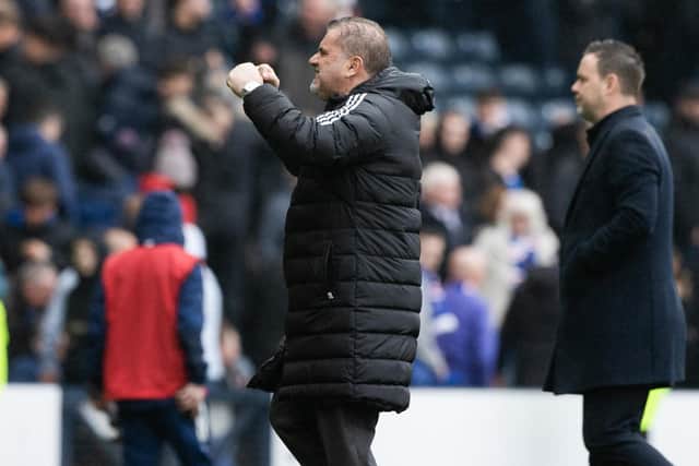 Celtic manager Ange Postecoglou shows his elation at full-time of the Scottish Cup semi-final on Sunday as  Rangers counterpart Michael Beale looks on disconsolate. (Photo by Craig Williamson / SNS Group)