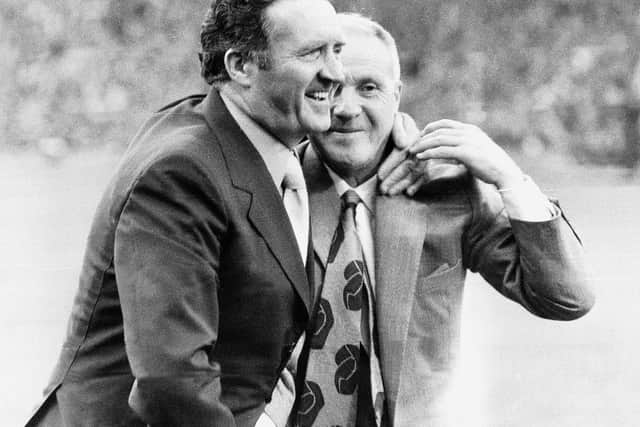 Jock Stein and Bill Shankly at Billy McNeill's testimonial in 1974.