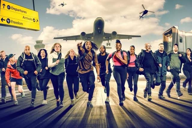 On the run - The 14 contestants from the new series of Channel 4's Hunted including Harrogate business owner Emma and her sister Jenni, pictured together  fifth from left. (Picture contributed)