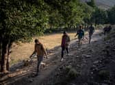 Afghan migrants walk along a path to reach Tatvan city in Turkey after President Joe Biden announced US troops would withdraw from Afghanistan (Picture: Chris McGrath/Getty Images)