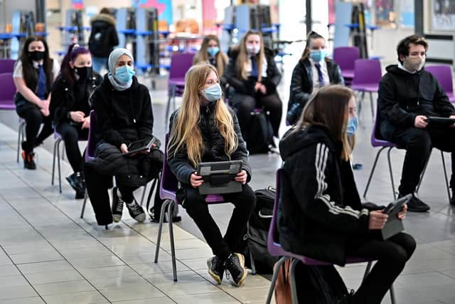 S1 to S3 pupils attend Rosshall Academy, Glasgow, March 2021. Picture: Jeff J Mitchell/Getty Images
