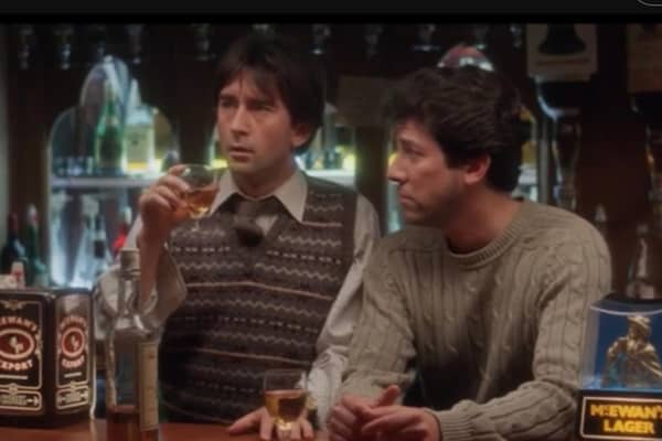 Denis Lawson as Gordon Urquhart (left) and Peter Riegert as Mac (right) in the fictional Macaskill Arms, with the scene filmed in the Ship Inn in Banff.