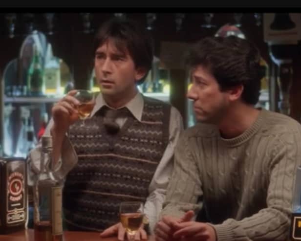 Denis Lawson as Gordon Urquhart (left) and Peter Riegert as Mac (right) in the fictional Macaskill Arms, with the scene filmed in the Ship Inn in Banff.