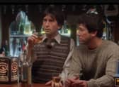 Denis Lawson as Gordon Urquhart (left) and Peter Riegert as Mac (right) in the fictional Macaskill Arms, with the scene filmed in the Ship Inn in Banff.