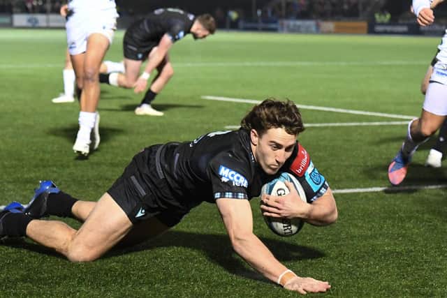 Josh McKay scores a try during a match last season for Glasgow Warriors.