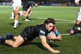 Josh McKay scores a try during a match last season for Glasgow Warriors.