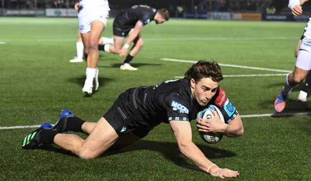 Josh McKay scores a try during a match last season for Glasgow Warriors.