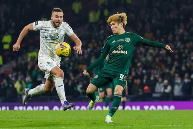 Celtic’s Kyogo Furuhashi scored in the Premier Sports Cup Final between Celtic and Hibernian at Hampden on December 19, but is a doubt for the league clash a month later. (Photo by Craig Williamson / SNS Group)