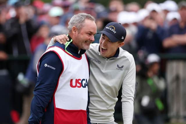 Matt Fitzpatrick celebrates his US Open with with caddie Billy Foster. Picture: Warren Little/Getty Images.