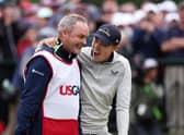 Matt Fitzpatrick celebrates his US Open with with caddie Billy Foster. Picture: Warren Little/Getty Images.