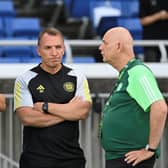 Celtic manager Brendan Rodgers (middle) ponders his side's 6-4 friendly defeat to Yokohama F Marinos at the Nissan Stadium. (Photo by KAZUHIRO NOGI/AFP via Getty Images)