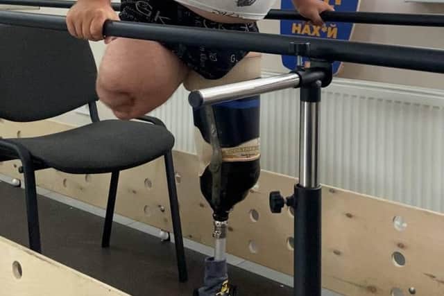 A Ukrainian military veteran, who lost a limb in the conflict, at the Pershotravensk rehabilitation centre.
