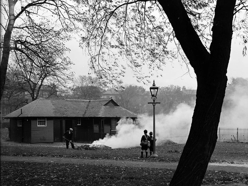 In the absence of any environmental concerns, the piles of collected leaves were simply burned in the middle of the Meadows - as is shown in this other picture from September 1959.