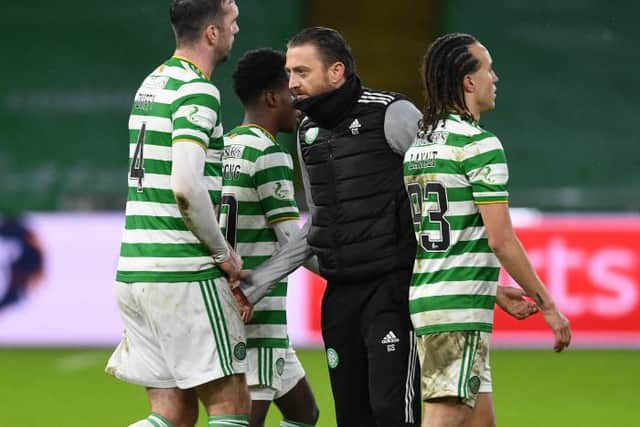 Celtic coach Gavin Strachan with his players at full time during the Scottish Premiership match between Celtic and Hibernian at Celtic Park on January 11, 2021, in Glasgow, Scotland. (Photo by Craig Foy / SNS Group)