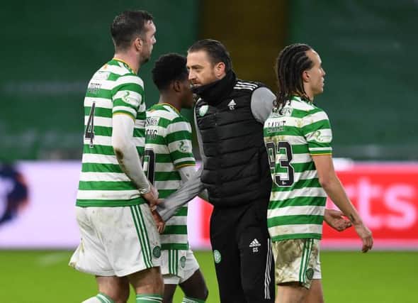 Celtic coach Gavin Strachan with his players at full time during the Scottish Premiership match between Celtic and Hibernian at Celtic Park on January 11, 2021, in Glasgow, Scotland. (Photo by Craig Foy / SNS Group)