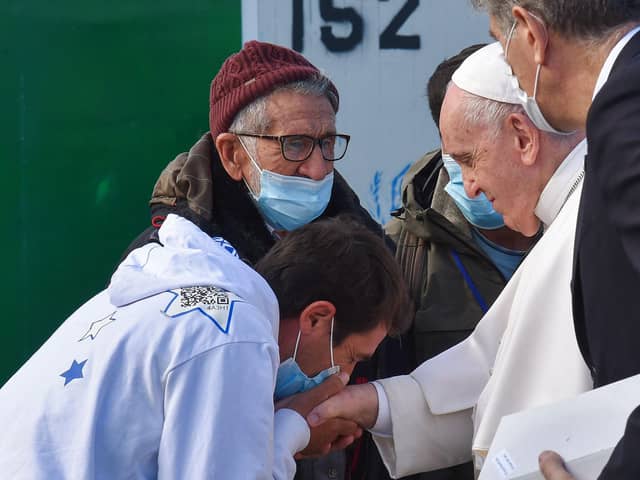 Pope Francis meets refugees at a reception centre on the island of Lesbos during a visit to Greece, when he called for better treatment of migrants by European countries (Picture: Andreas Solaro/AFP via Getty Images)