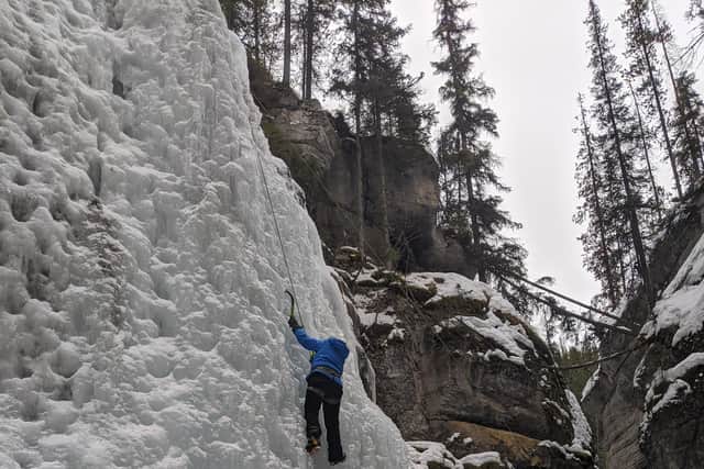 Ice climbing in Alberta.