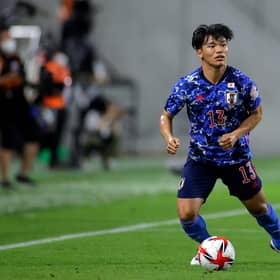KOBE, JAPAN - JULY 17: Reo Hatate of Japan in action during the U-24 international friendly match between Japan and Spain at the Noevir Stadium Kobe on July 17, 2021 in kobe, Hyogo, Japan. (Photo by Koki Nagahama/Getty Images)