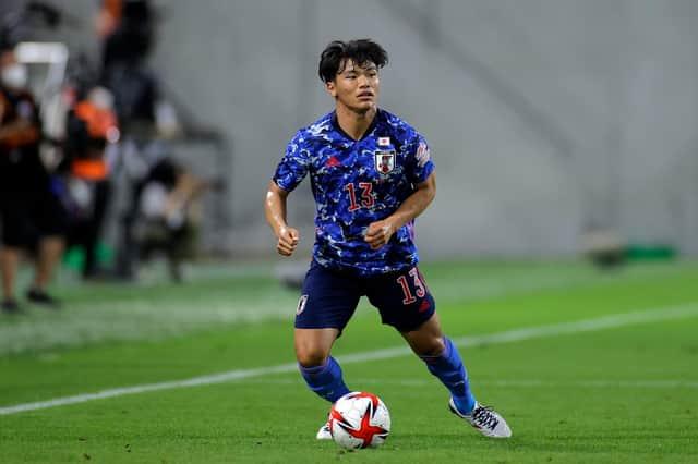 KOBE, JAPAN - JULY 17: Reo Hatate of Japan in action during the U-24 international friendly match between Japan and Spain at the Noevir Stadium Kobe on July 17, 2021 in kobe, Hyogo, Japan. (Photo by Koki Nagahama/Getty Images)