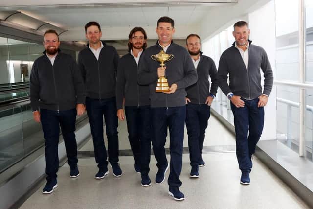 Shane Lowry, Bernd Wiesberger, Tommy Fleetwood, Captain Padraig Harrington, Tyrrell Hatton and Lee Westwood of Team Europe will tee off later this week. (Photo by Andrew Redington/Getty Images)