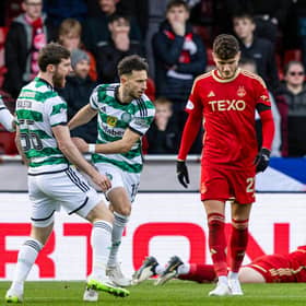 Celtic's Nicolas Kuhn celebrates scoring the equaliser against Aberdeen. (Photo by Craig Foy / SNS Group)