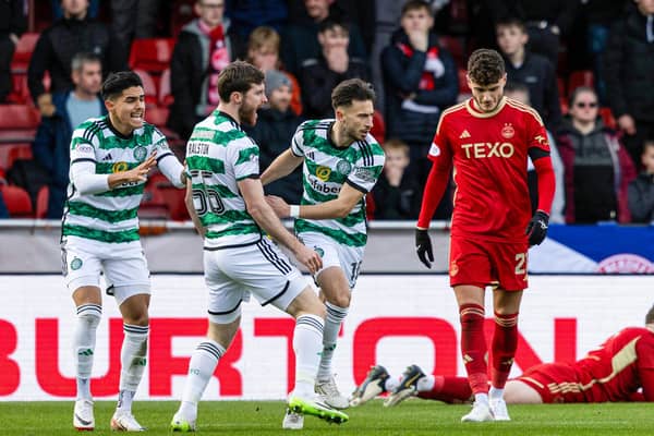 Celtic's Nicolas Kuhn celebrates scoring the equaliser against Aberdeen. (Photo by Craig Foy / SNS Group)