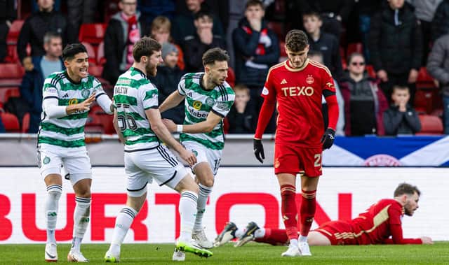 Celtic's Nicolas Kuhn celebrates scoring the equaliser against Aberdeen. (Photo by Craig Foy / SNS Group)