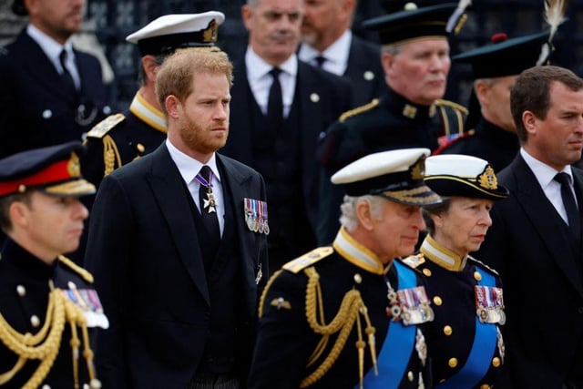 LONDON, ENGLAND - SEPTEMBER 19: King Charles III, Princess Anne, Princess Royal, Prince Harry, Duke of Sussex and Peter Phillips take part in the state funeral and burial of Queen Elizabeth II at Westminster Abbey on September 19, 2022 in London, England. Elizabeth Alexandra Mary Windsor was born in Bruton Street, Mayfair, London on 21 April 1926. She married Prince Philip in 1947 and ascended the throne of the United Kingdom and Commonwealth on 6 February 1952 after the death of her Father, King George VI. Queen Elizabeth II died at Balmoral Castle in Scotland on September 8, 2022, and is succeeded by her eldest son, King Charles III. (Photo by Sarah Meyssonnier- WPA Pool/Getty Images)