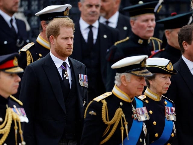 LONDON, ENGLAND - SEPTEMBER 19: King Charles III, Princess Anne, Princess Royal, Prince Harry, Duke of Sussex and Peter Phillips take part in the state funeral and burial of Queen Elizabeth II at Westminster Abbey on September 19, 2022 in London, England. Elizabeth Alexandra Mary Windsor was born in Bruton Street, Mayfair, London on 21 April 1926. She married Prince Philip in 1947 and ascended the throne of the United Kingdom and Commonwealth on 6 February 1952 after the death of her Father, King George VI. Queen Elizabeth II died at Balmoral Castle in Scotland on September 8, 2022, and is succeeded by her eldest son, King Charles III. (Photo by Sarah Meyssonnier- WPA Pool/Getty Images)