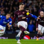 Hearts' Lawrence Shankland adds to his goal tally against Rangers earlier this season. Photo by Craig Williamson / SNS Group