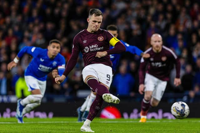 Hearts' Lawrence Shankland adds to his goal tally against Rangers earlier this season. Photo by Craig Williamson / SNS Group