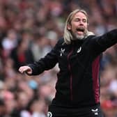 Aston Villa set piece coach Austin MacPhee shouts instructions during the 2-0 win at Arsenal in April. (Photo by Mike Hewitt/Getty Images)