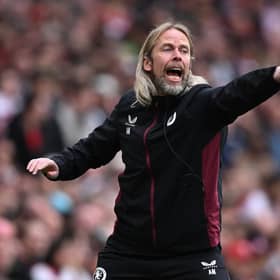 Aston Villa set piece coach Austin MacPhee shouts instructions during the 2-0 win at Arsenal in April. (Photo by Mike Hewitt/Getty Images)