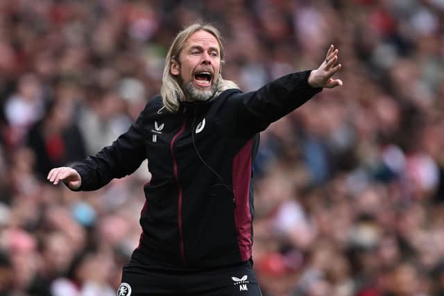 Aston Villa set piece coach Austin MacPhee shouts instructions during the 2-0 win at Arsenal in April. (Photo by Mike Hewitt/Getty Images)