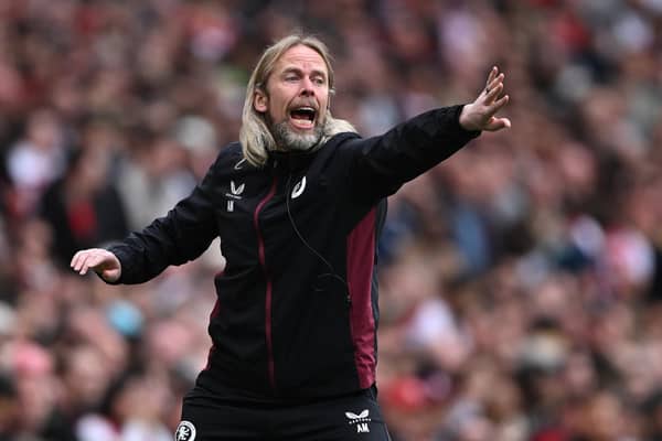 Aston Villa set piece coach Austin MacPhee shouts instructions during the 2-0 win at Arsenal in April. (Photo by Mike Hewitt/Getty Images)