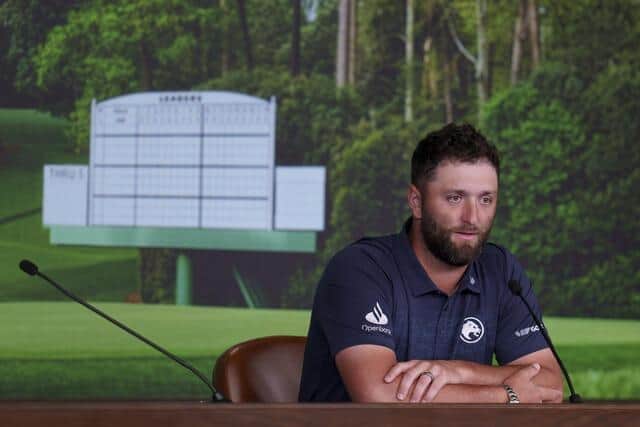Defending Masters champion Jon Rahm speaks to media during a press conference at Augusta National Golf Club on Tuesday. Picture: The Masters
