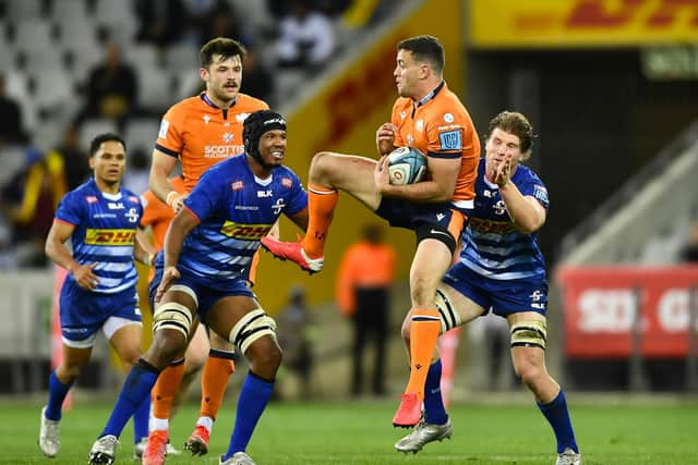 Emiliano Boffelli takes a high ball under pressure during Edinburgh's 28-17 defeat by Stormers in South Africa. (Photo by Ashley Vlotman/Gallo Images/Getty Images)