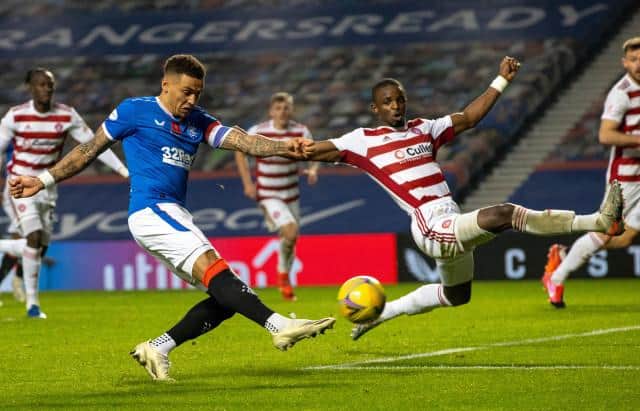 Rangers James Tavernier has a shot on goal during the Scottish Premiership match between Rangers and Hamilton at Ibrox Stadium on November 08, 2020, in Glasgow, Scotland. (Photo by Alan Harvey / SNS Group)