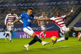 Rangers James Tavernier has a shot on goal during the Scottish Premiership match between Rangers and Hamilton at Ibrox Stadium on November 08, 2020, in Glasgow, Scotland. (Photo by Alan Harvey / SNS Group)
