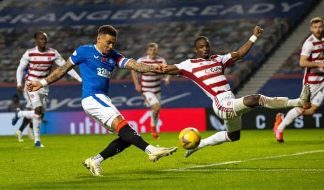 Rangers James Tavernier has a shot on goal during the Scottish Premiership match between Rangers and Hamilton at Ibrox Stadium on November 08, 2020, in Glasgow, Scotland. (Photo by Alan Harvey / SNS Group)