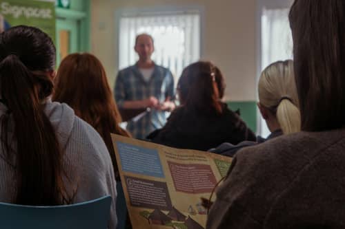Jamie Morrison of Signpost International presenting to University of Dundee students during recent visit