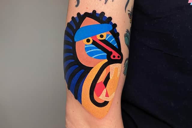 Baboon tattoo by Mattia Calvi, which won best small tattoo at Scottish Tattoo Convention