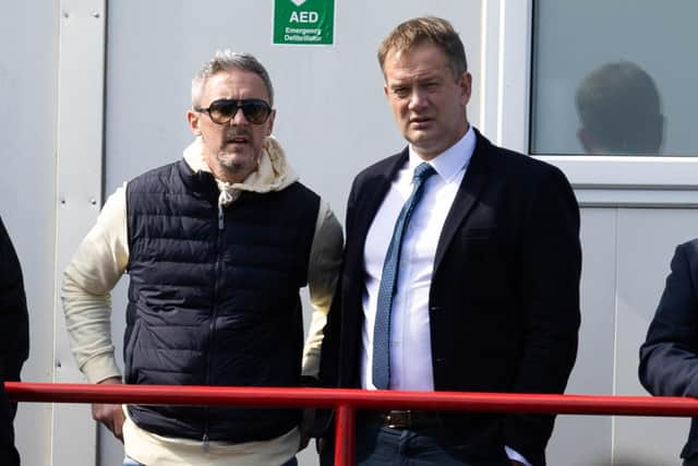 Cowdenbeath manager Maurice Ross (left) and SFA chief executive Ian Maxwell watch the League Two promotion playoff match between Bonnyrigg Rose and Fraserburgh at New Dundas Park. (Photo by Bruce White / SNS Group)