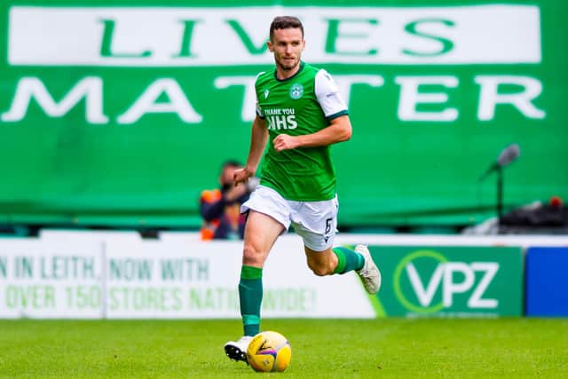 Hibernian’s Paul McGinn joins up with Scotland squad on same day that Leith club announce his contract extension. Photo by Mark Scates / SNS Group